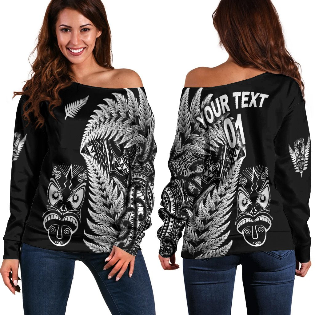 (Custom Personalised) New Zealand Haka Rugby Maori Women Off Shoulder Sweater Silver Fern Vibes Black