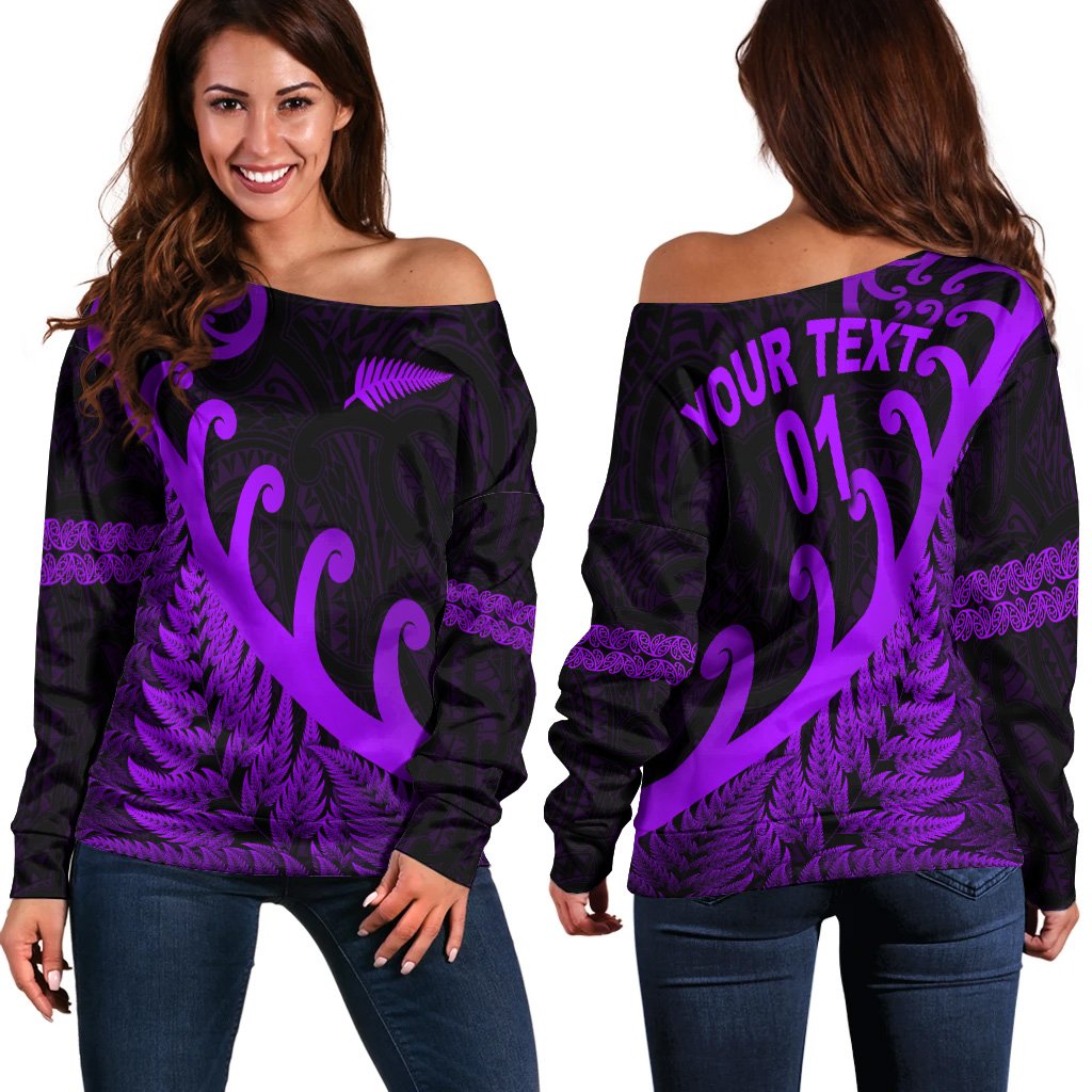 (Custom Personalised) New Zealand Rugby Maori Women Off Shoulder Sweater Silver Fern Koru Vibes Purple