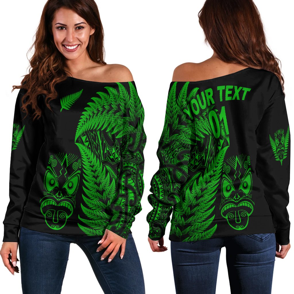 (Custom Personalised) New Zealand Haka Rugby Maori Women Off Shoulder Sweater Silver Fern Vibes Green