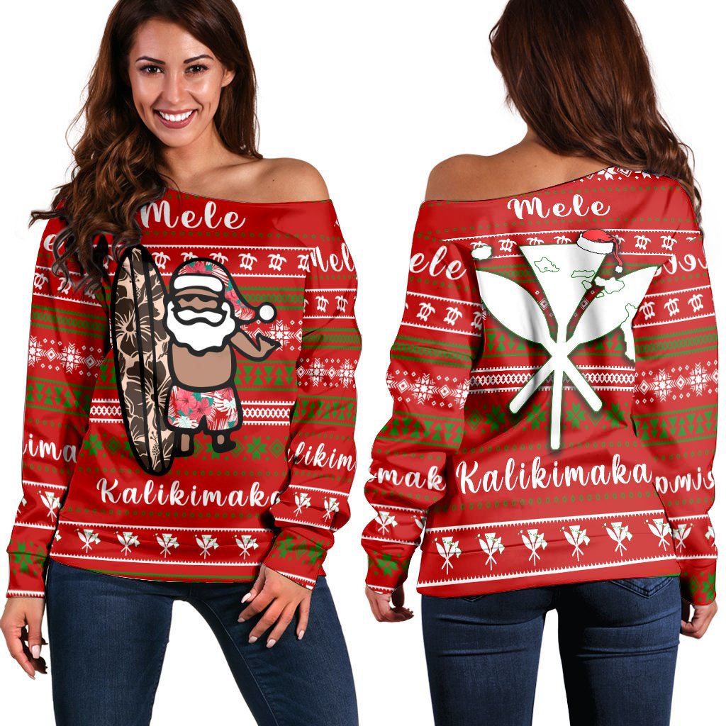 Hawaii Christmas Santa Claus Surf Women's Off Shoulder Sweater Fun Style AH
