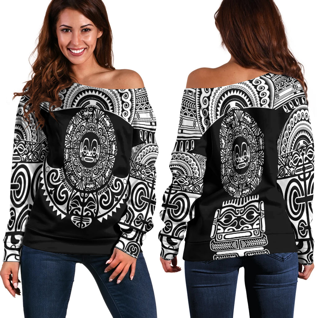 Marquesas Islands Women Off Shoulder Marquesan Tattoo Simplified Version Black