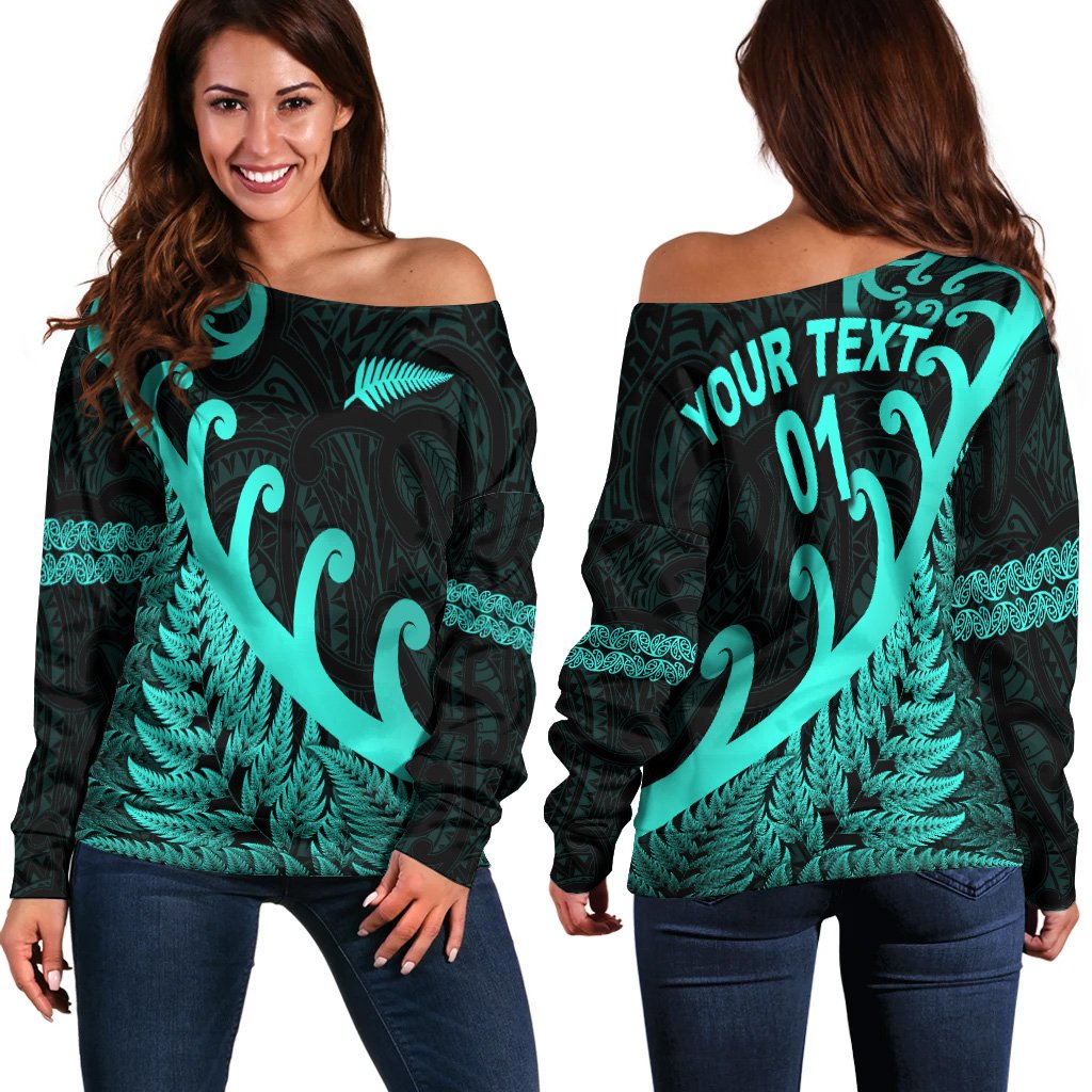 (Custom Personalised) New Zealand Rugby Maori Women Off Shoulder Sweater Silver Fern Koru Vibes Turquoise