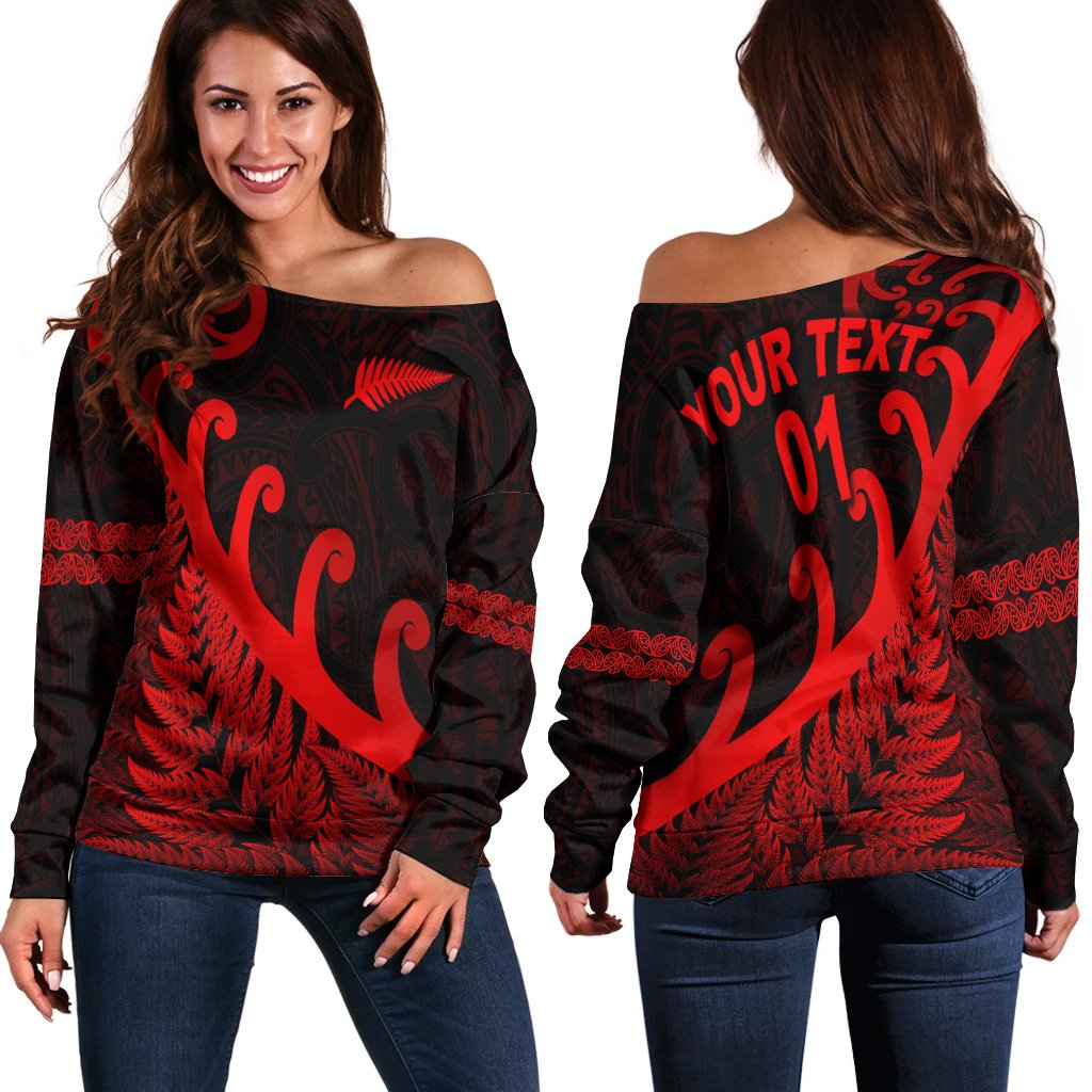 (Custom Personalised) New Zealand Rugby Maori Women Off Shoulder Sweater Silver Fern Koru Vibes Red