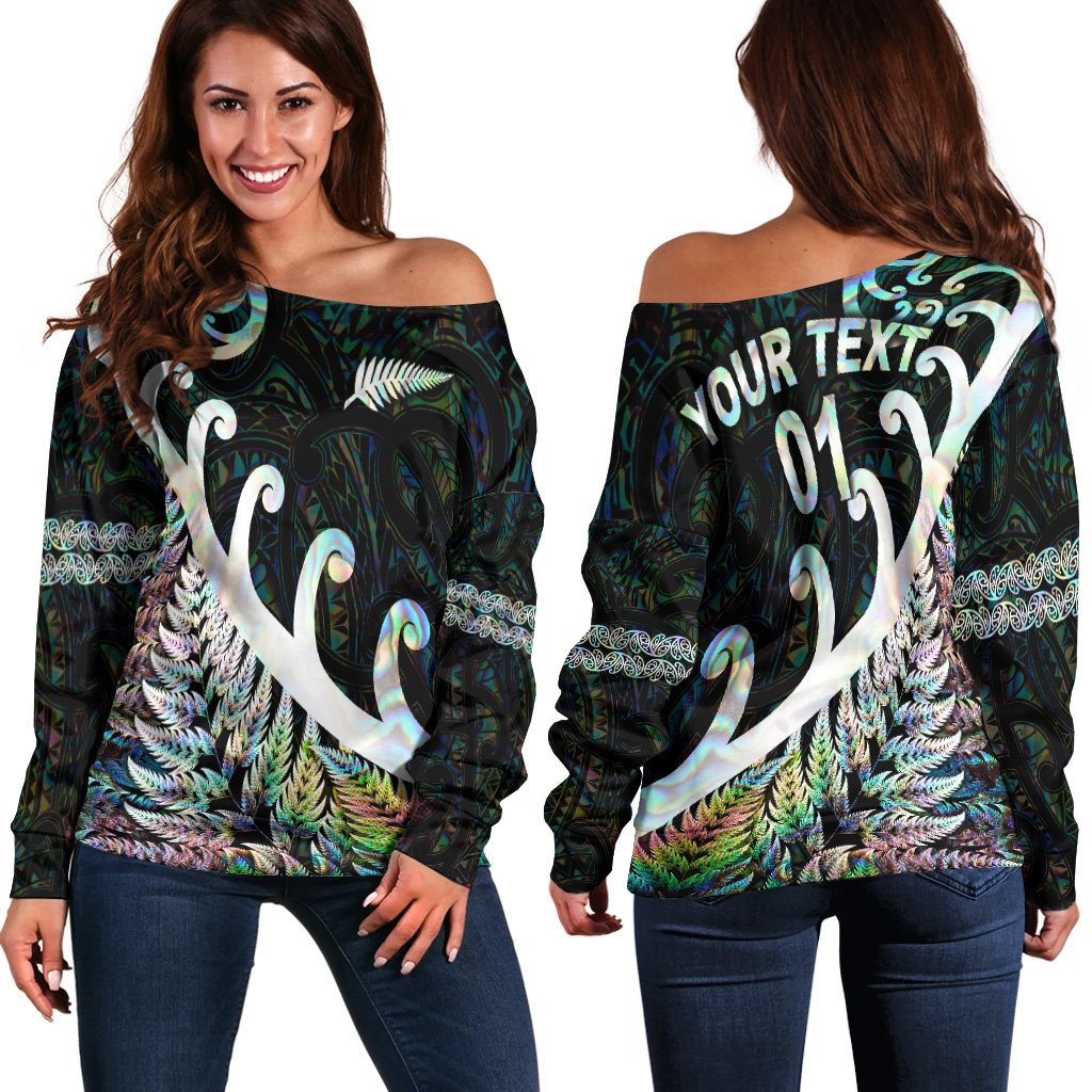 (Custom Personalised) New Zealand Rugby Maori Women Off Shoulder Sweater Silver Fern Koru Vibes Paua Shell