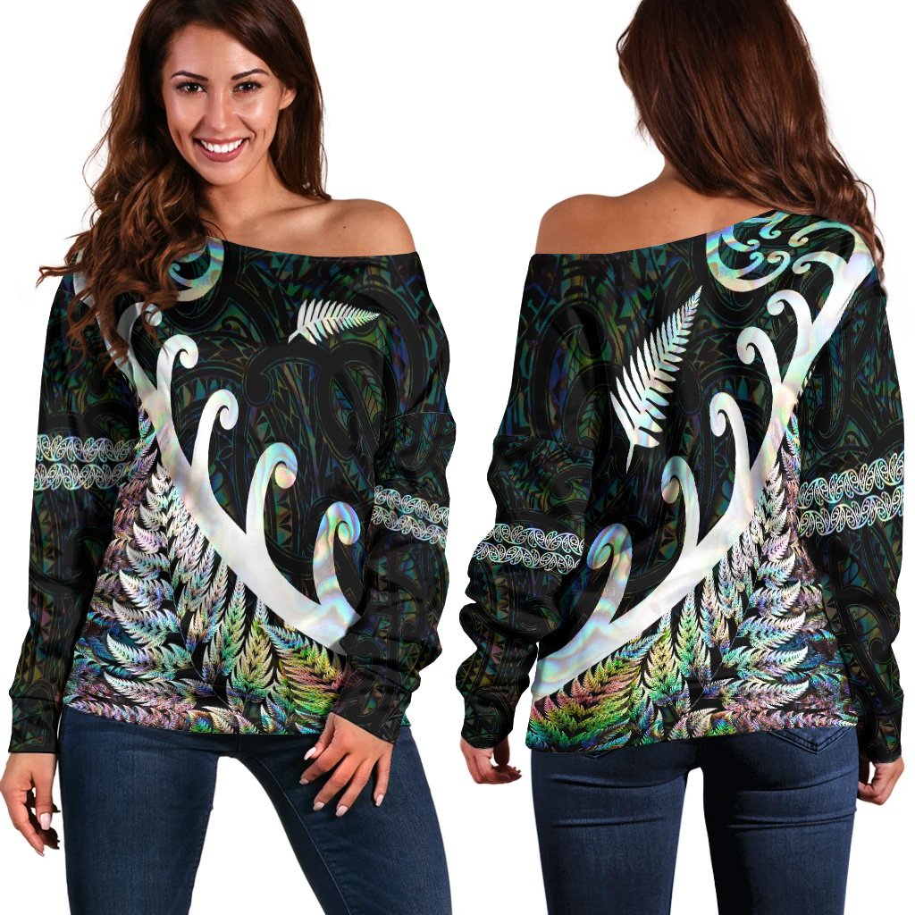 New Zealand Rugby Maori Women Off Shoulder Sweater Silver Fern Koru Vibes Paua Shell