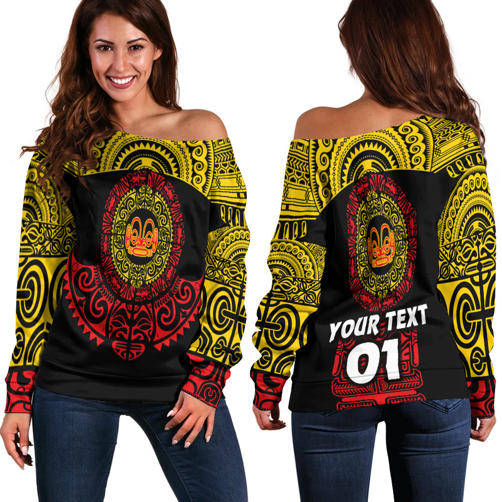 (Custom Personalised) Marquesas Islands Women Off Shoulder Marquesan Tattoo Simplified Version Yellow Red