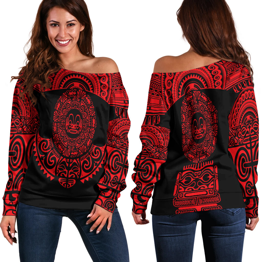 Marquesas Islands Women Off Shoulder Marquesan Tattoo Simplified Version Red