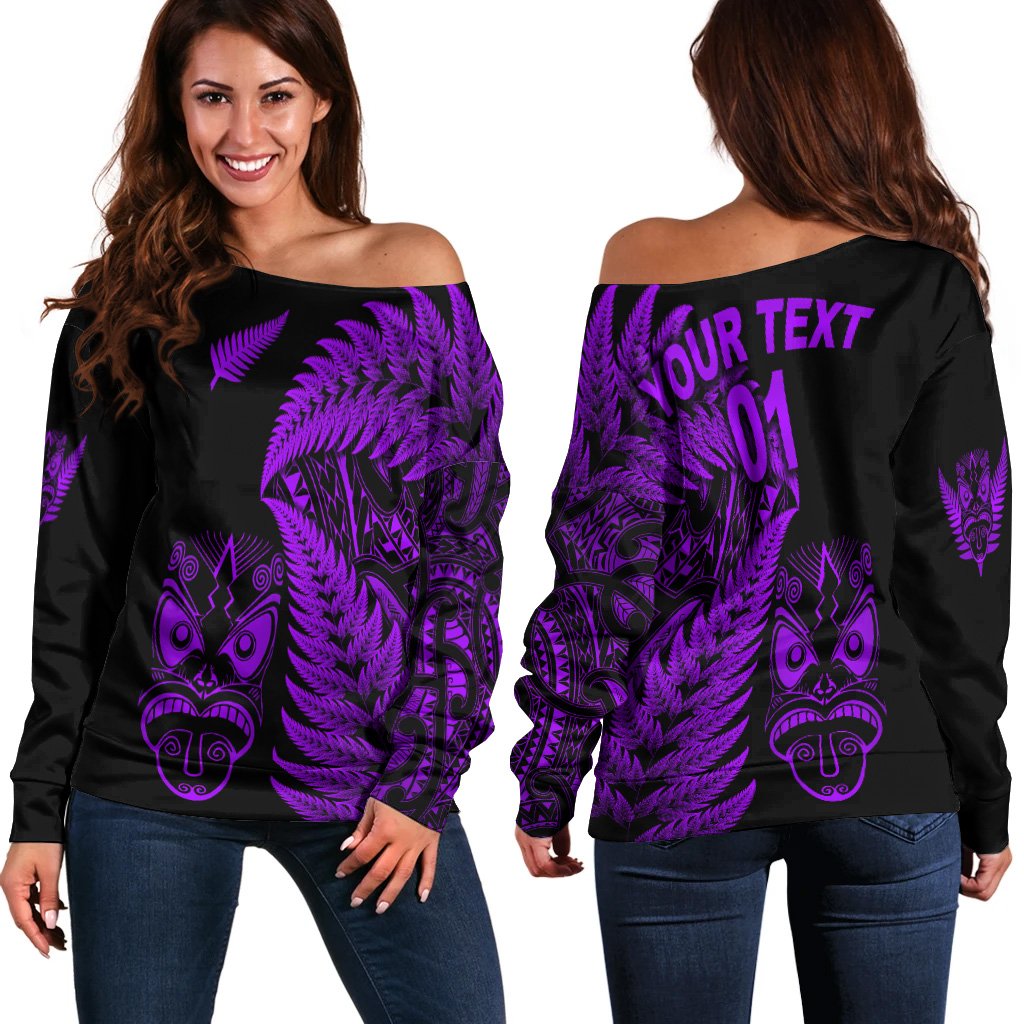 (Custom Personalised) New Zealand Haka Rugby Maori Women Off Shoulder Sweater Silver Fern Vibes Purple