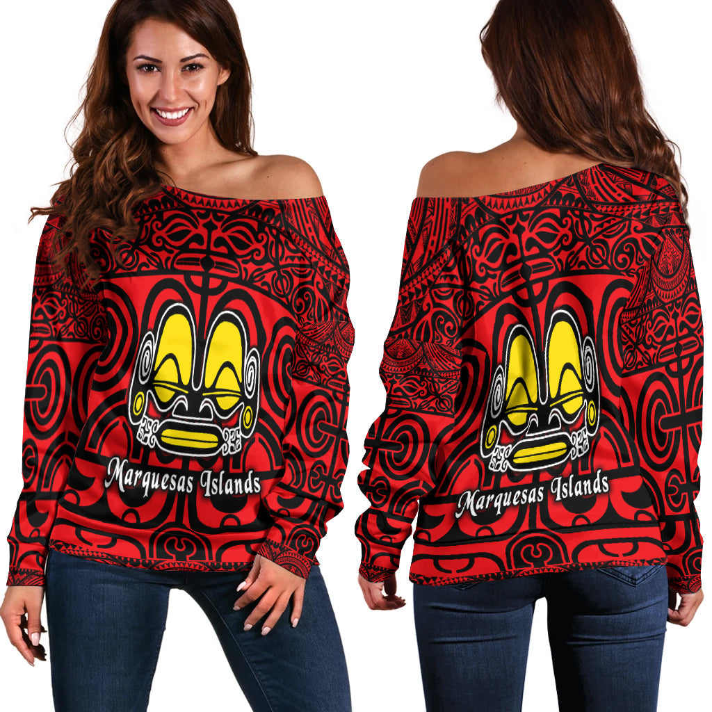 Marquesas Islands Women Off Shoulder Marquesan Tattoo Simple Style Red