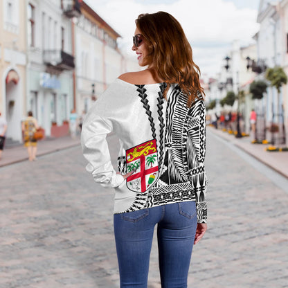 Fiji Off Shoulder Sweater Masi Tapa Patterns White Style