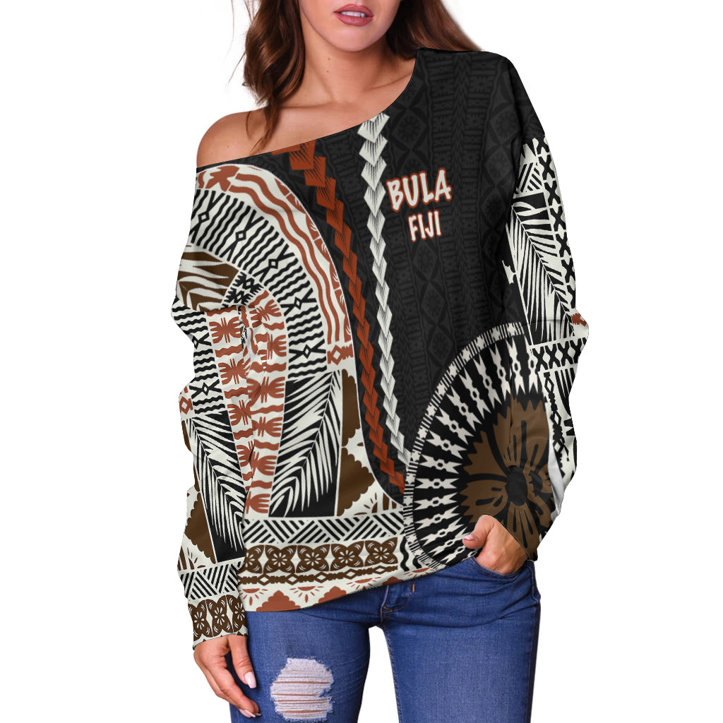 Bula Fiji Off Shoulder Sweater Masi Tapa Patterns Style