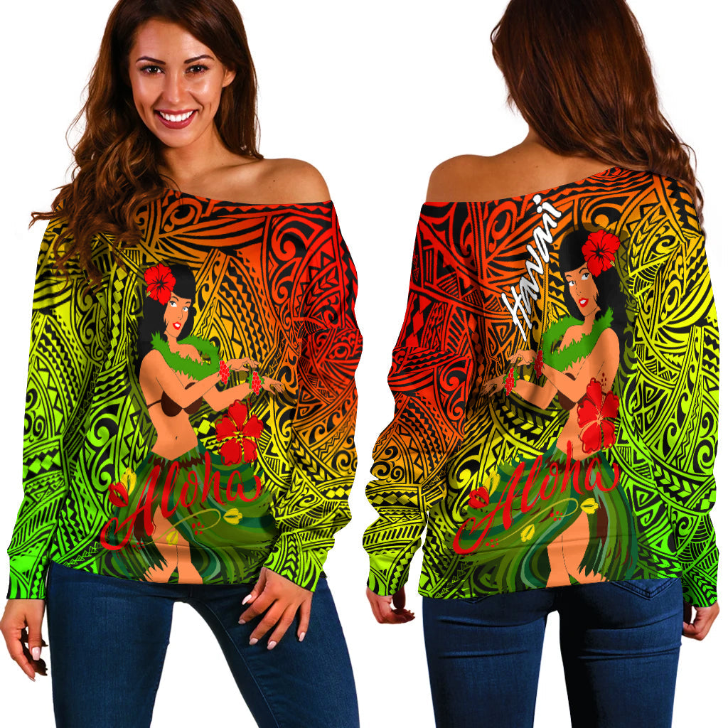 Hawaii Hula Girl Reggae Women Off Shoulder Sweater