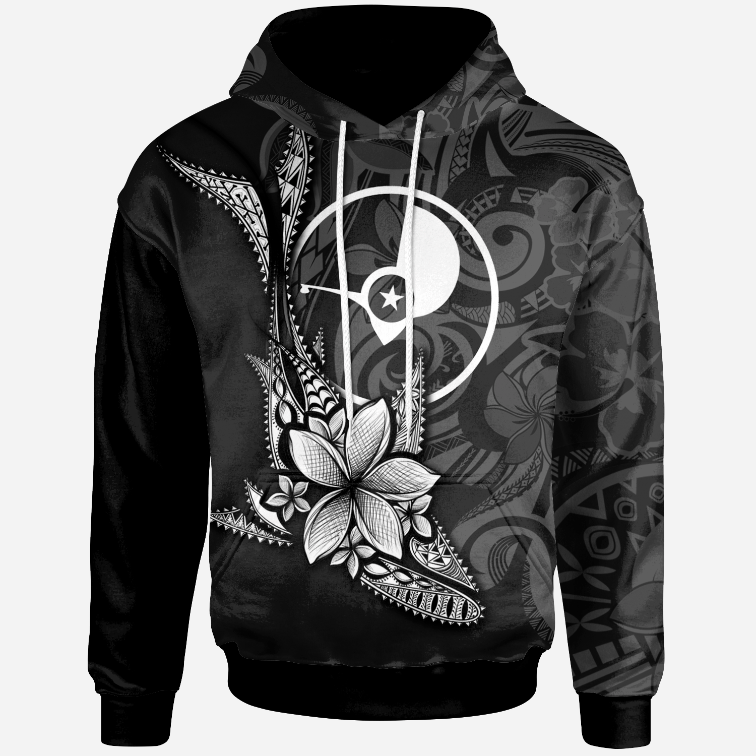Yap State Flower Pattern Hoodie Fish With Plumeria Flowers Style Black Zip Hoodie