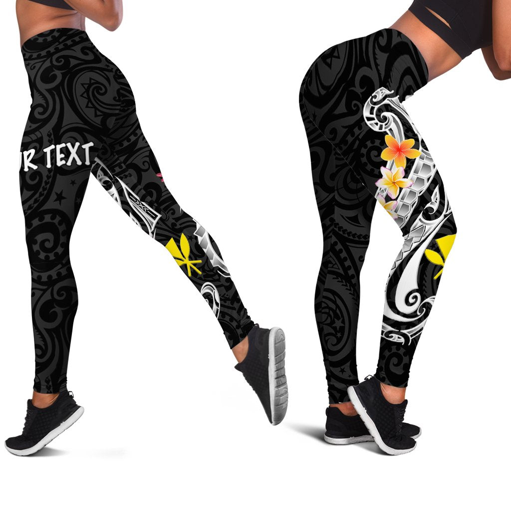 Hawaii Custom Personalised Leggings - Kanaka Maoli Polynesian Patterns Plumeria Black