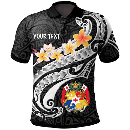 Tonga Custom Personalised Polo Shirt - Tonga Seal Polynesian Patterns Plumeria Black