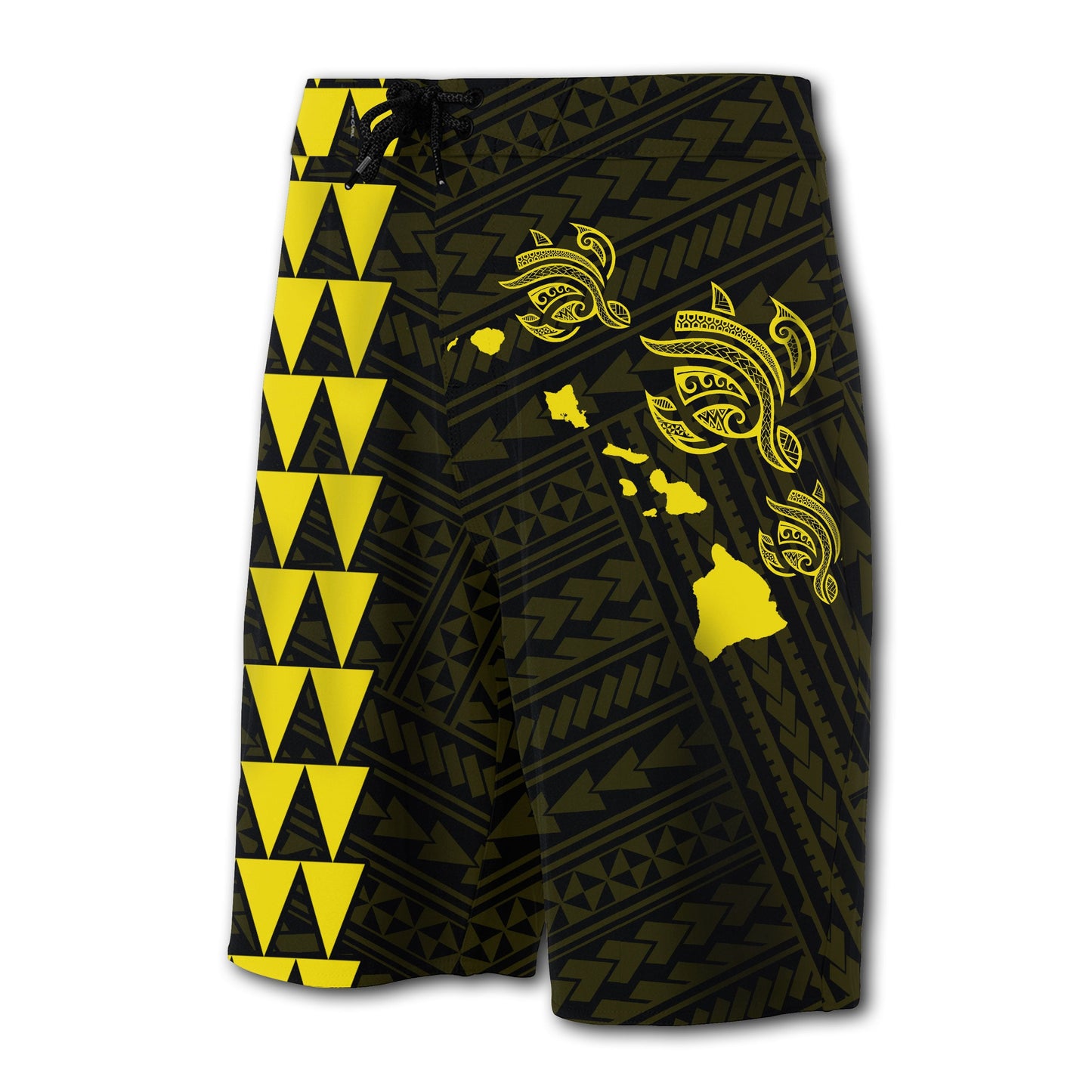 Hawaii Kakau Polynesian Three Turtles Map Board Shorts - Yellow