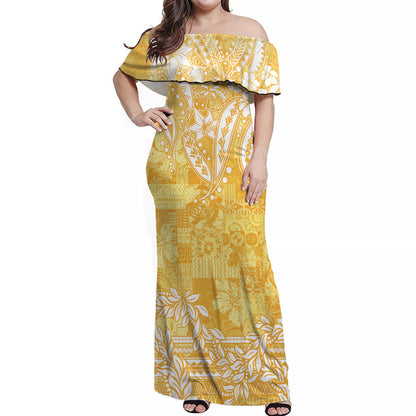 Polynesian Off Shoulder Long Dress Tapa Plumeria Style Yellow