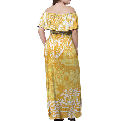Polynesian Off Shoulder Long Dress Tapa Plumeria Style Yellow
