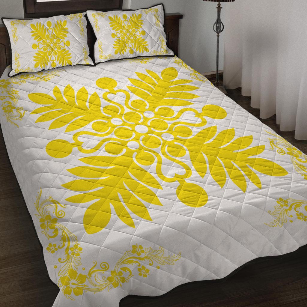 Hawaiian Quilt Maui Plant And Hibiscus Pattern Quilt Bed Set Yellow White AH