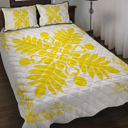 Hawaiian Quilt Maui Plant And Hibiscus Pattern Quilt Bed Set Yellow White AH