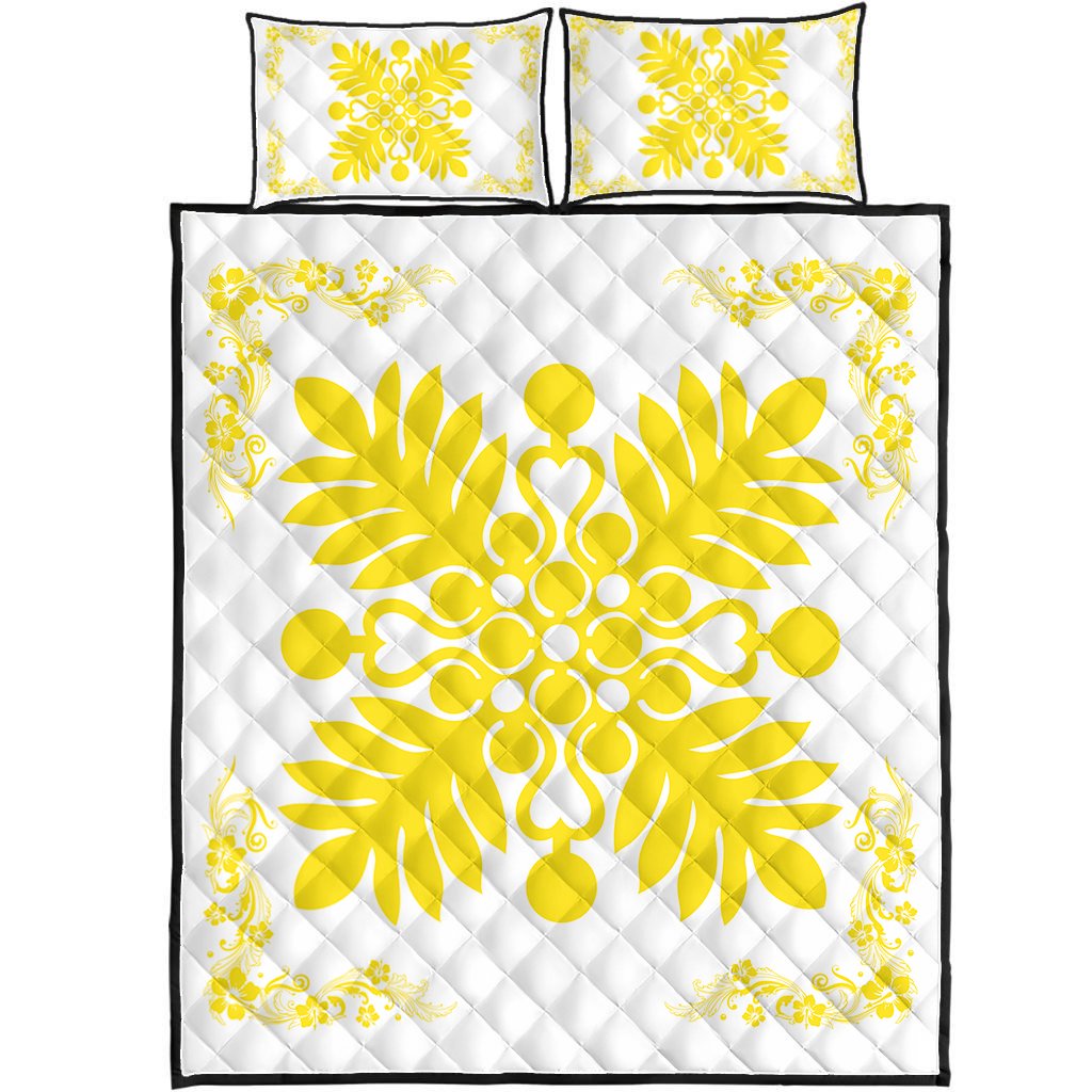 Hawaiian Quilt Maui Plant And Hibiscus Pattern Quilt Bed Set Yellow White AH