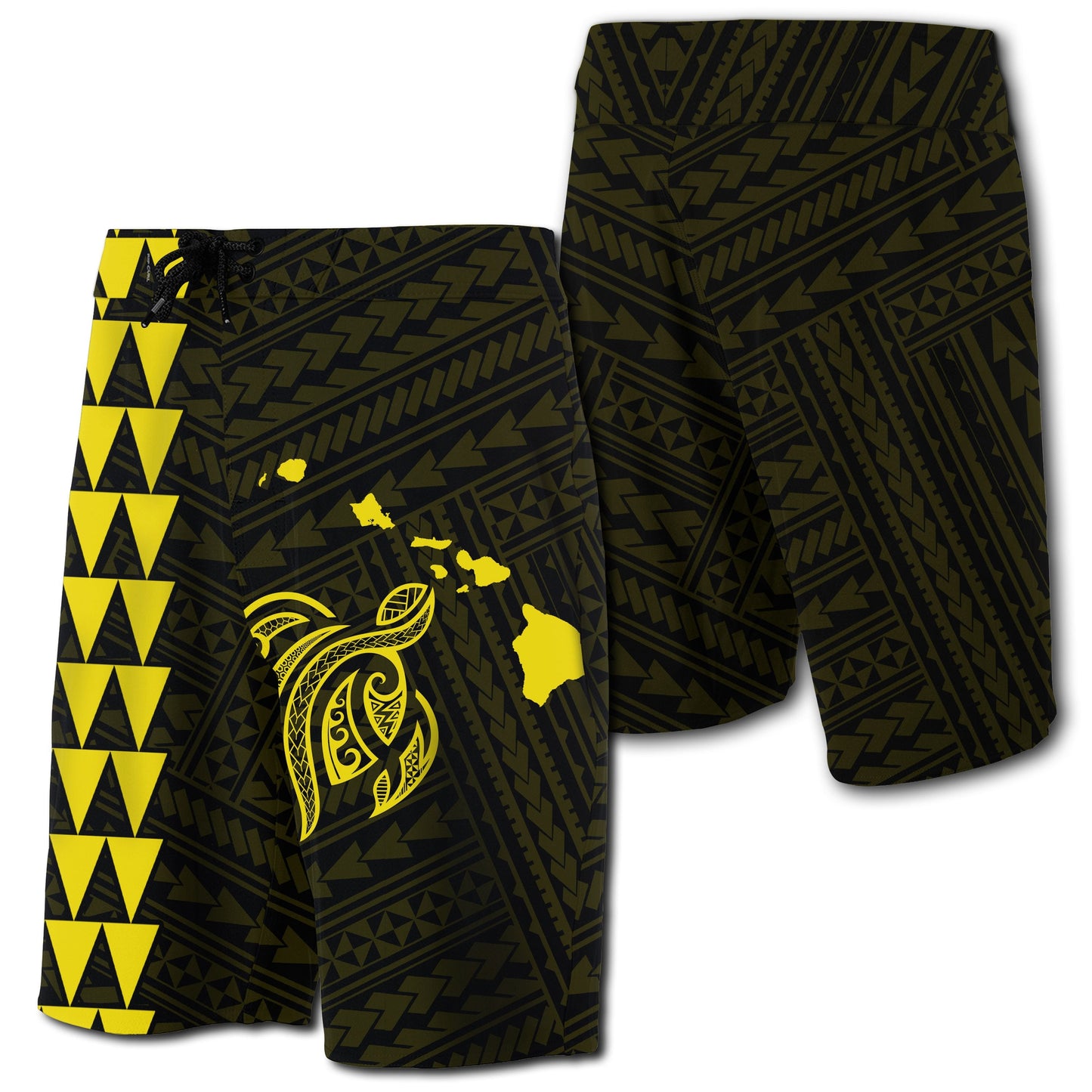 Hawaii Kakau Polynesian Turtle Map Board Shorts - Yellow