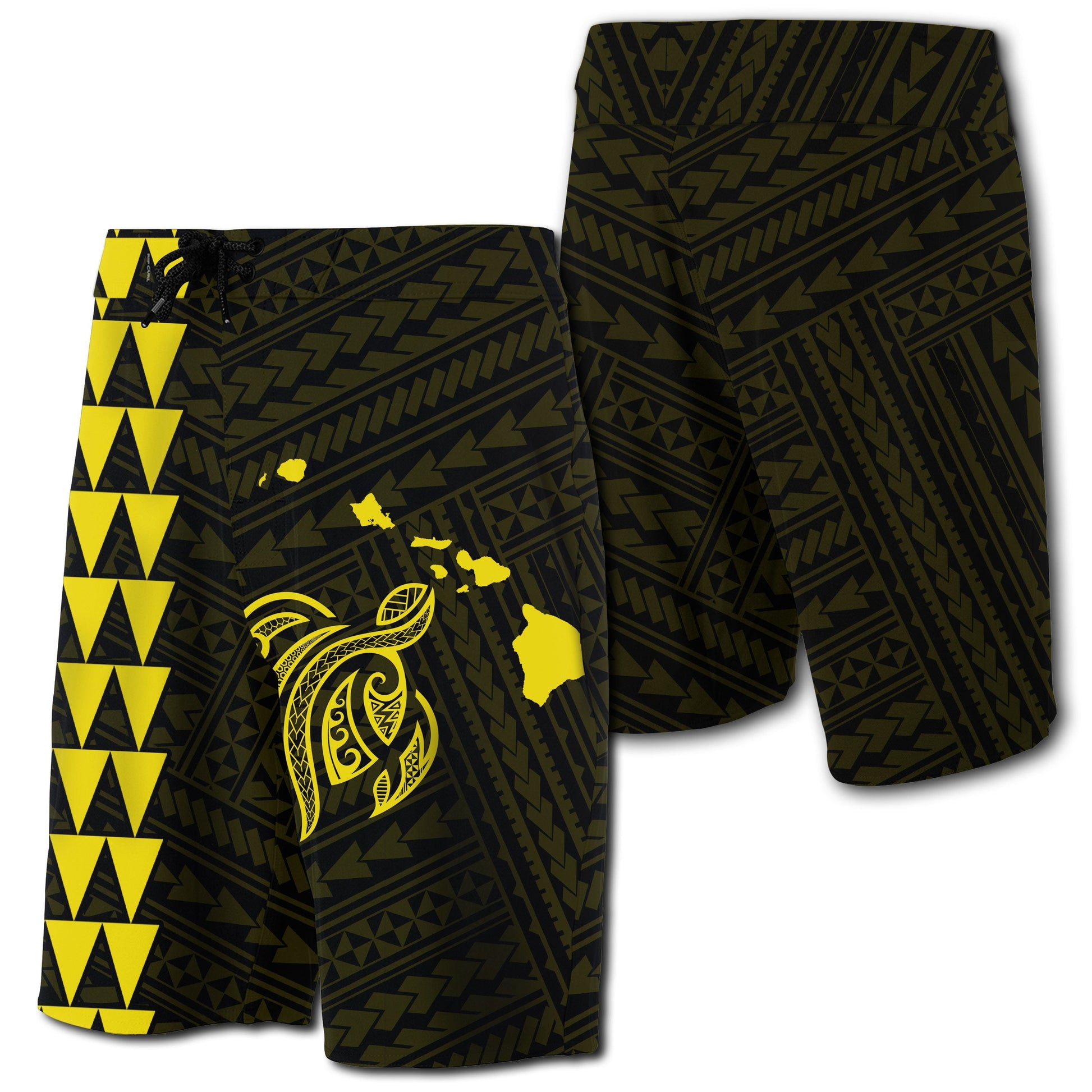 Hawaii Kakau Polynesian Turtle Map Board Shorts - Yellow