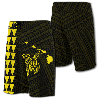 Hawaii Kakau Polynesian Turtle Map Board Shorts - Yellow