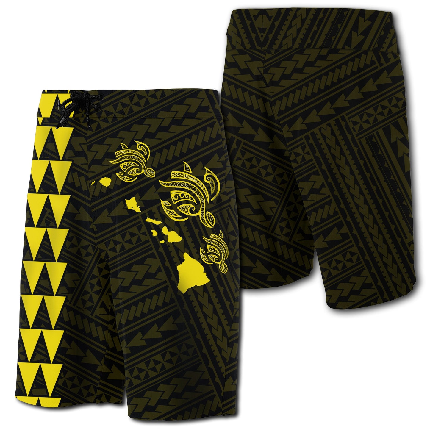 Hawaii Kakau Polynesian Three Turtles Map Board Shorts - Yellow