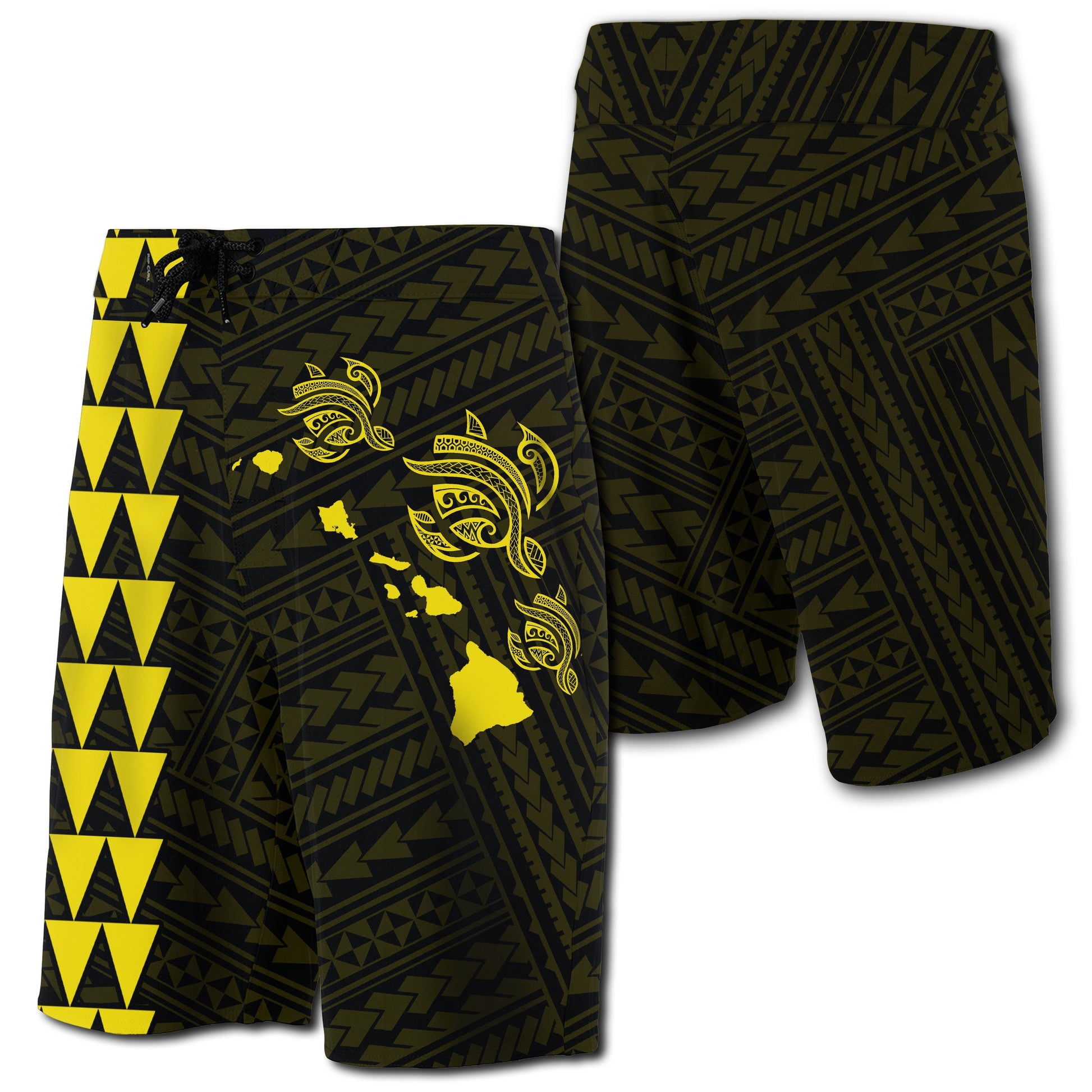 Hawaii Kakau Polynesian Three Turtles Map Board Shorts - Yellow