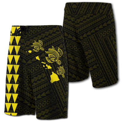 Hawaii Kakau Polynesian Three Turtles Map Board Shorts - Yellow