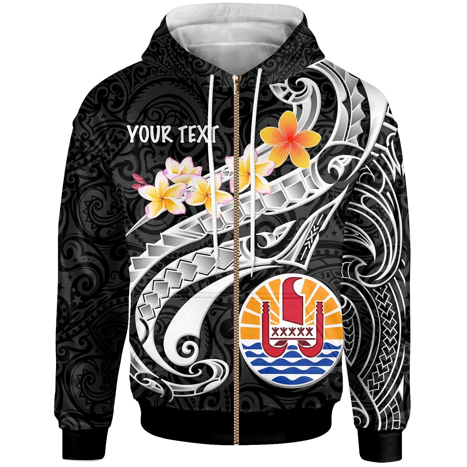 Tahiti Zip Up Hoodie Tahiti Seal Polynesian Patterns Plumeria (Black)
