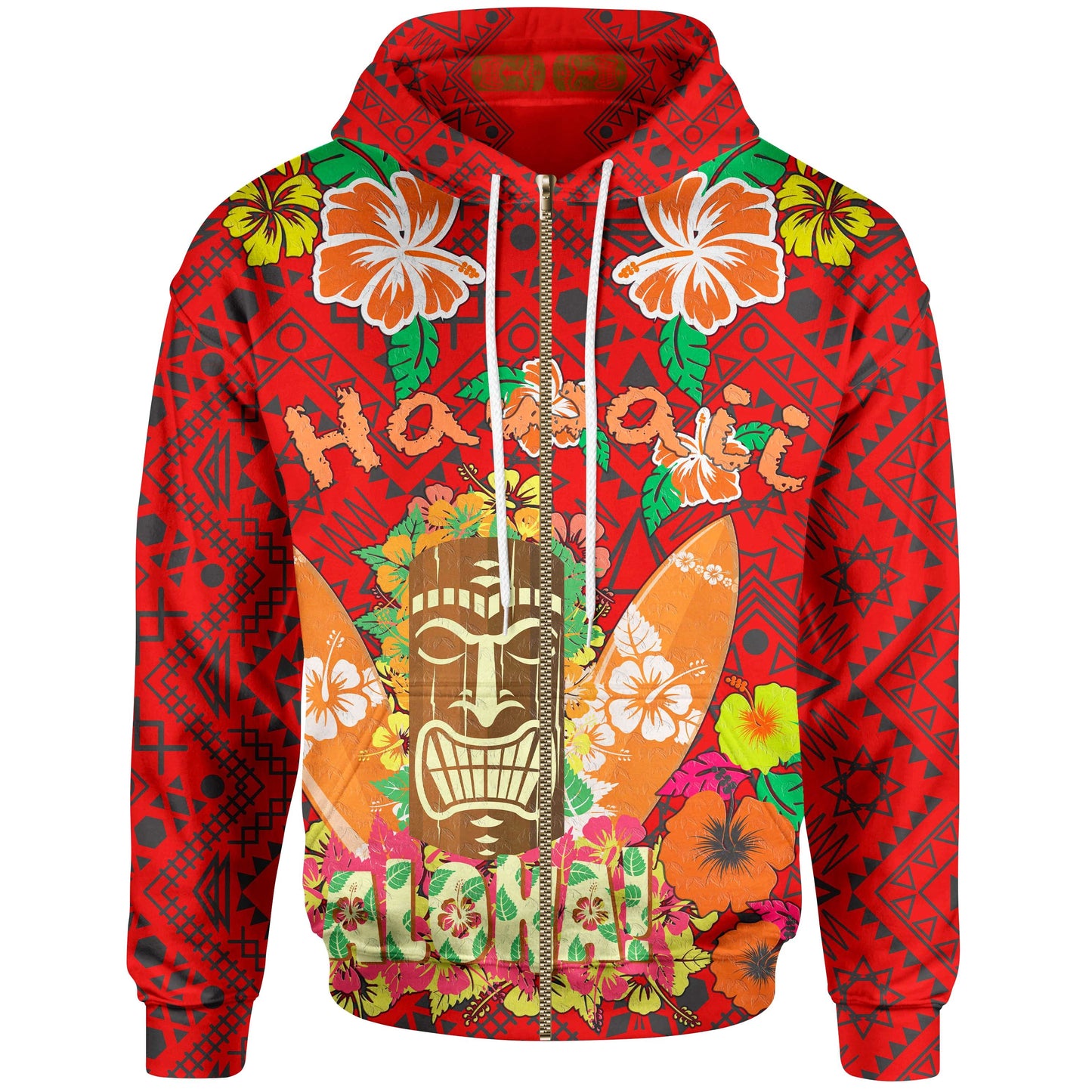 Hawaii Zip-Up Hoodie Aloha Hawaii Tiki Statue Red