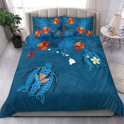Hawaiian Islands Bedding Set Hawaii Tropical Flowers and Turtles Blue