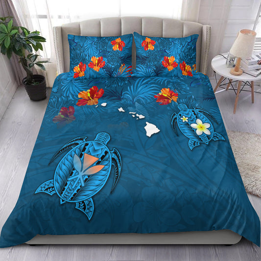 Hawaiian Islands Bedding Set Hawaii Tropical Flowers and Turtles Blue