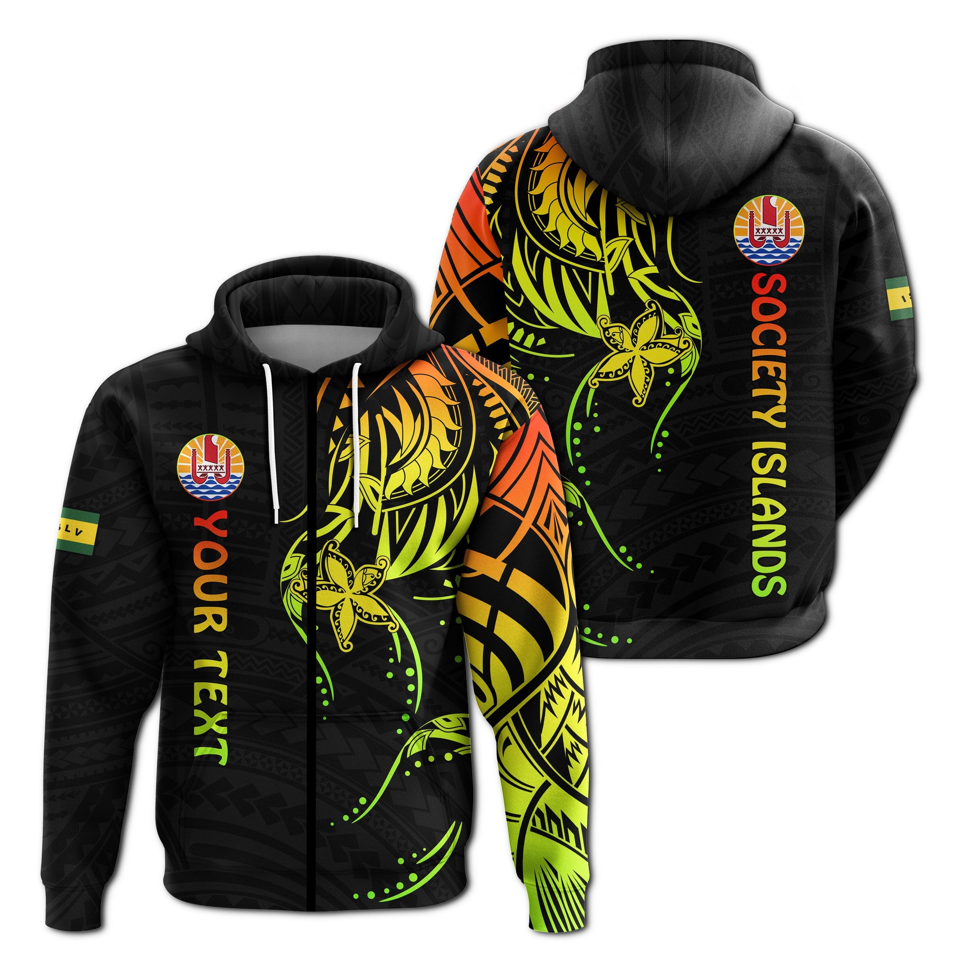 ( Personalised) Society Islands Zip Hoodie Mix Pattern Leeward Islands French Polynesia