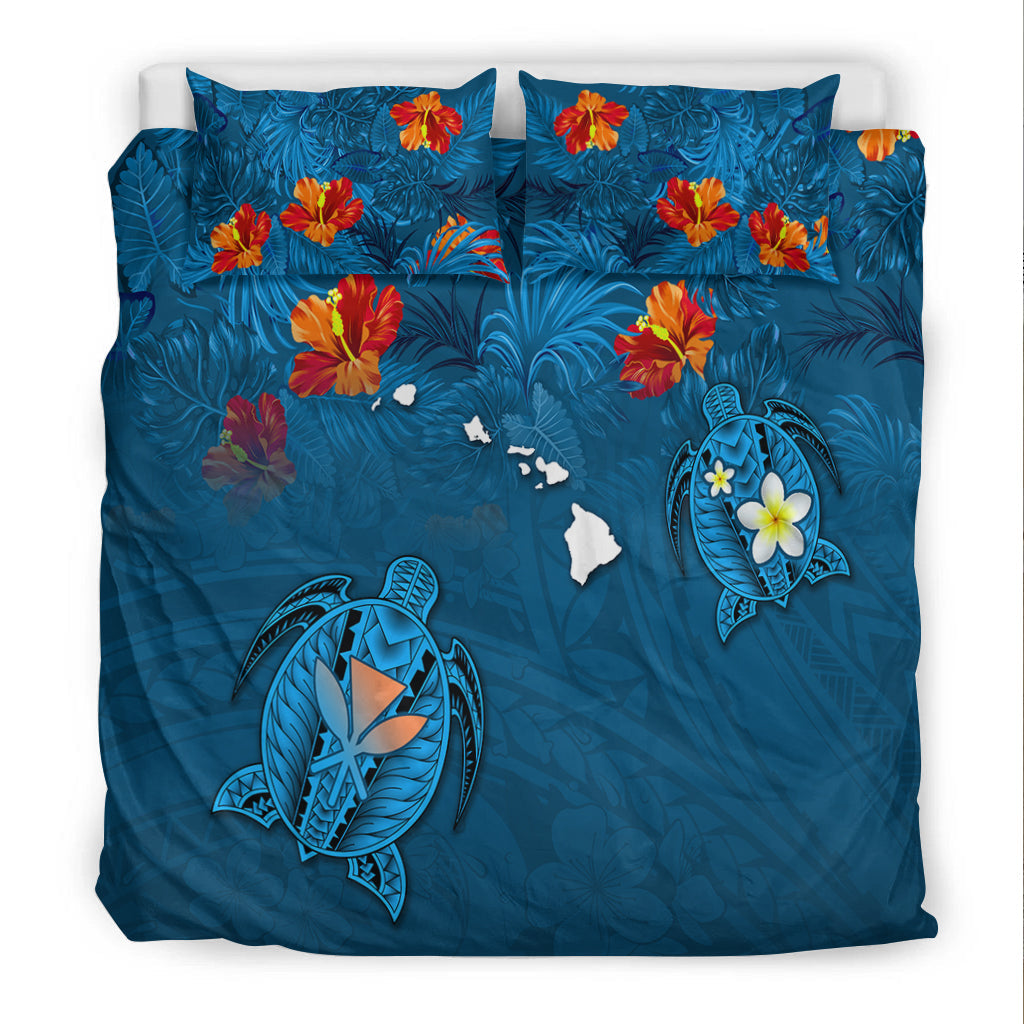 Hawaiian Islands Bedding Set Hawaii Tropical Flowers and Turtles Blue