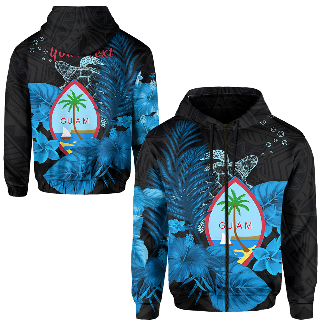 ( Personalised) Guam Seal Zip Hoodie Polynesian Turtle with Flowers Version Blue