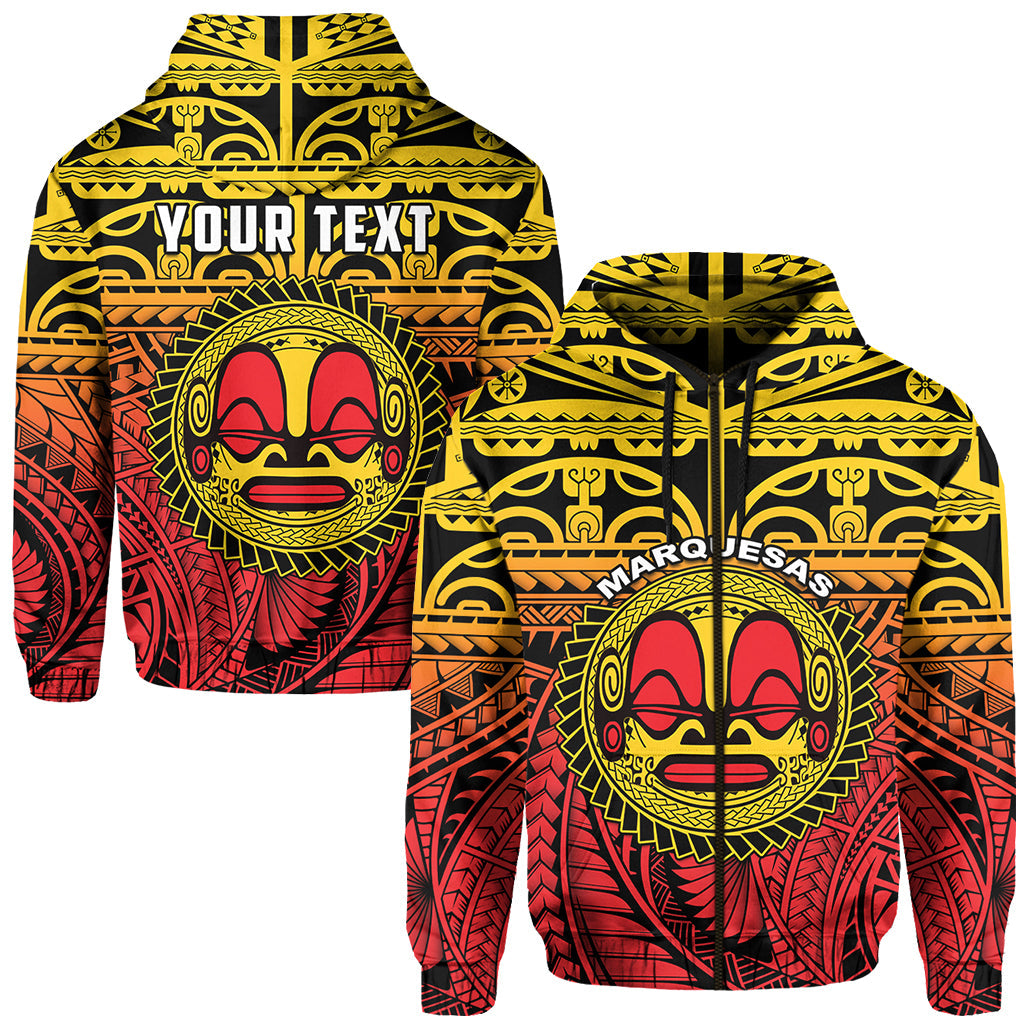 Custom Text Marquesas Islands Zip Hoodie Mata Tiki Polynesian Pattern