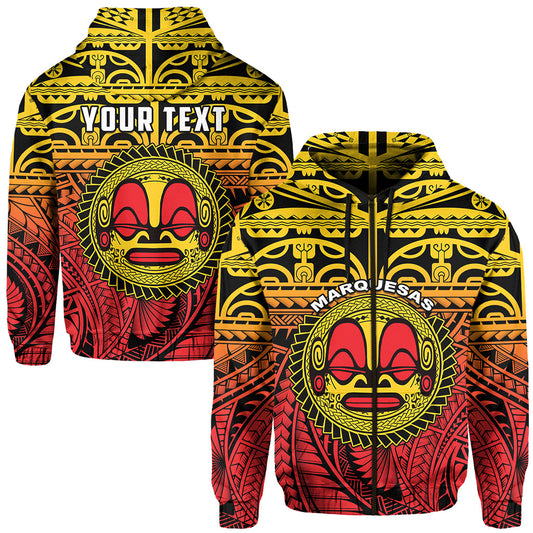 Custom Text Marquesas Islands Zip Hoodie Mata Tiki Polynesian Pattern