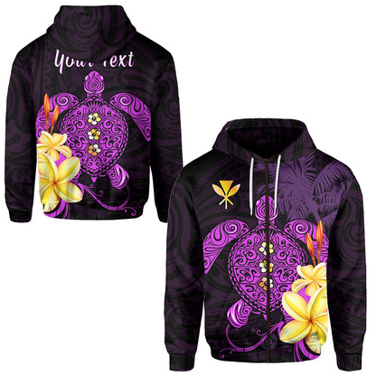 Custom Text Hawaii Turtle Zip Hoodie Hawaiian Flowers Version Purple Elegant