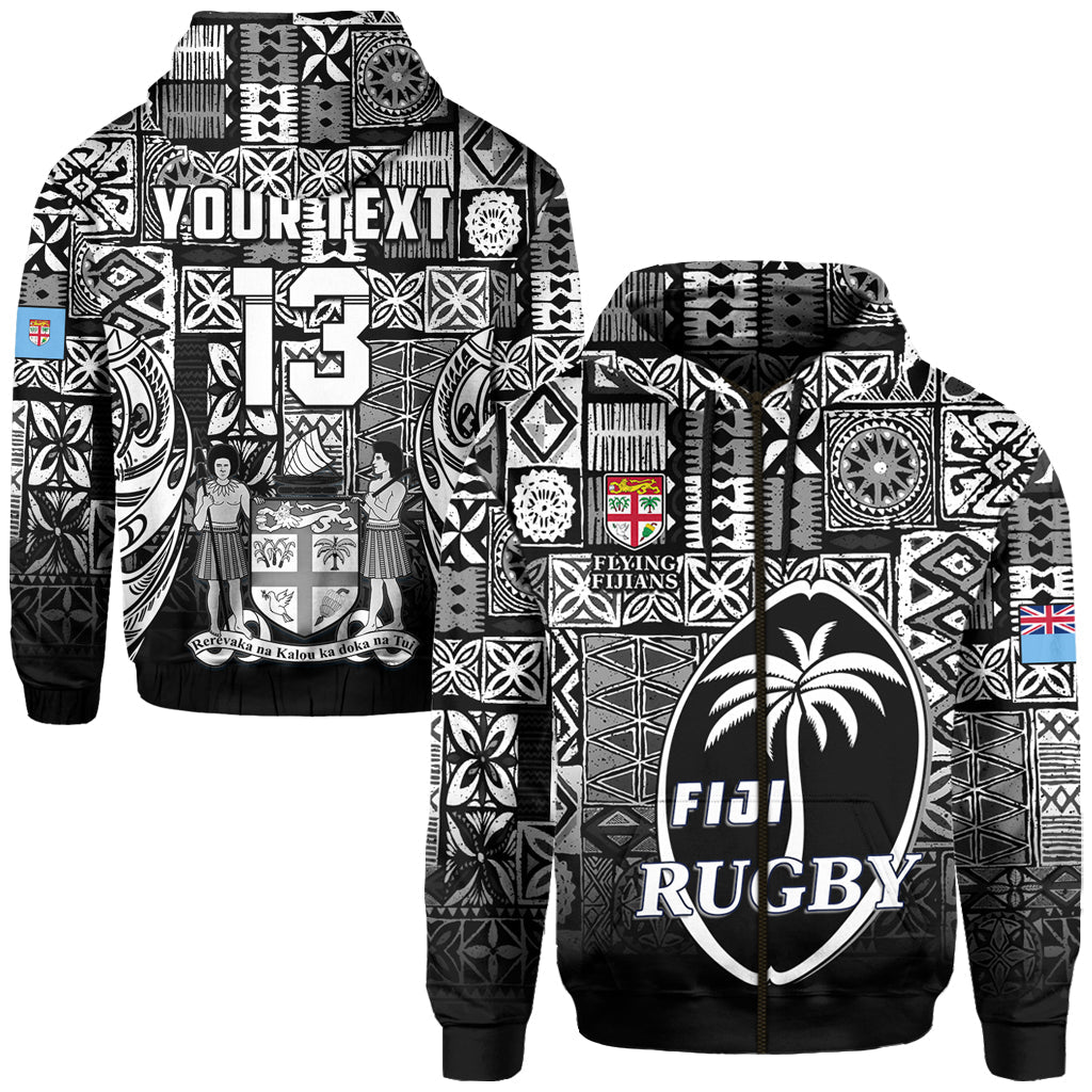( Text and Number) Fiji Rugby Zip Hoodie Flying Fijians Black Tapa Pattern