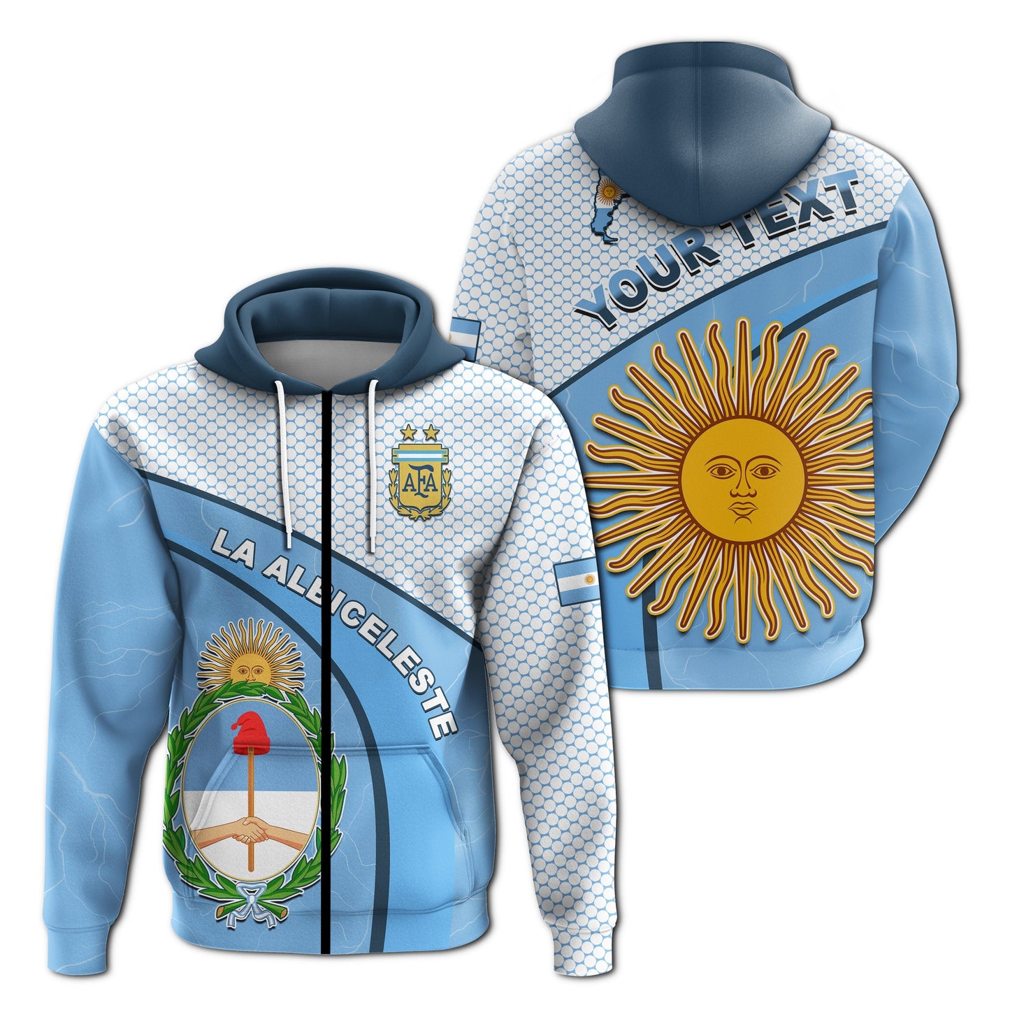 Custom Argentina Football 2022 Hoodie Champions Blue Sky May Sun