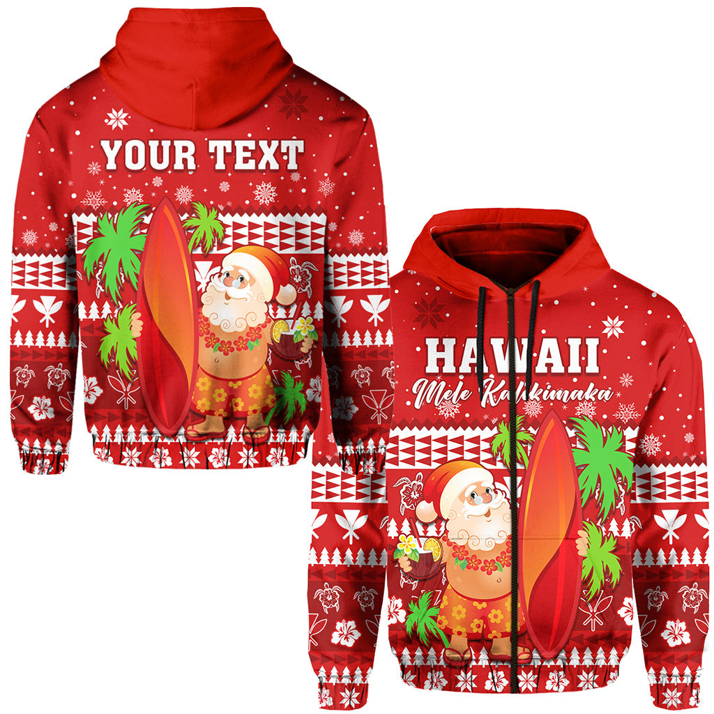 Custom Text Mele Kalikimaka Zip Hoodie Santa Claus Hawaii Christmas
