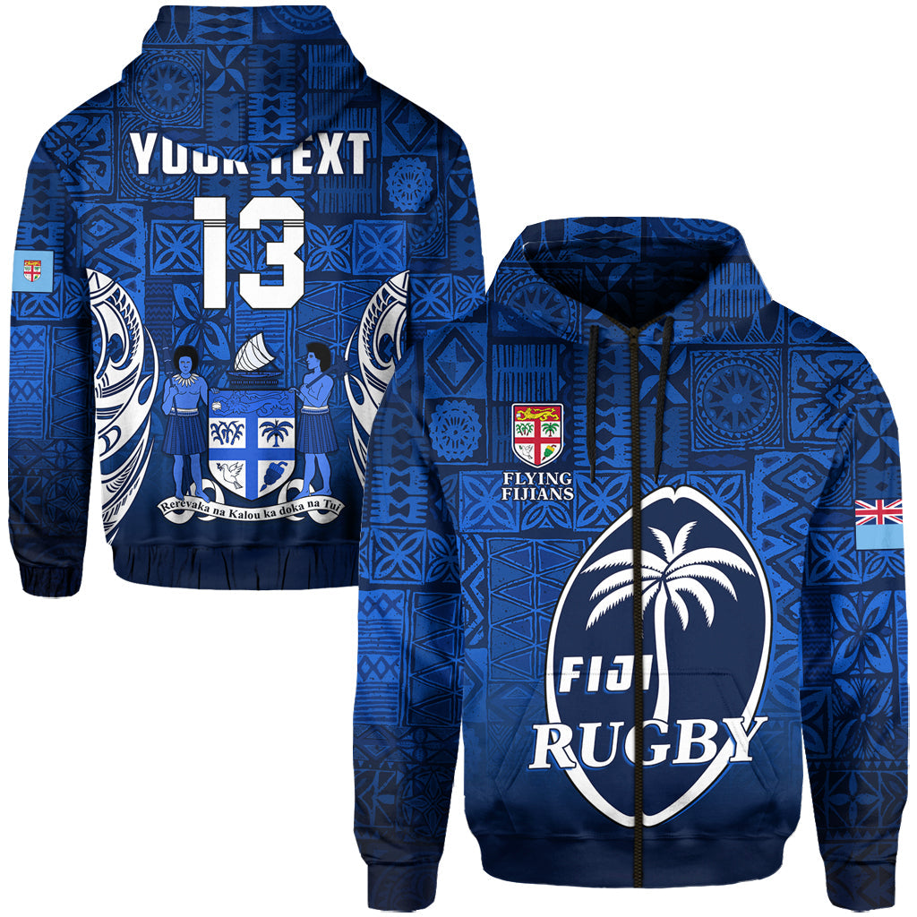 ( Text and Number) Fiji Rugby Zip Hoodie Flying Fijians Blue Tapa Pattern