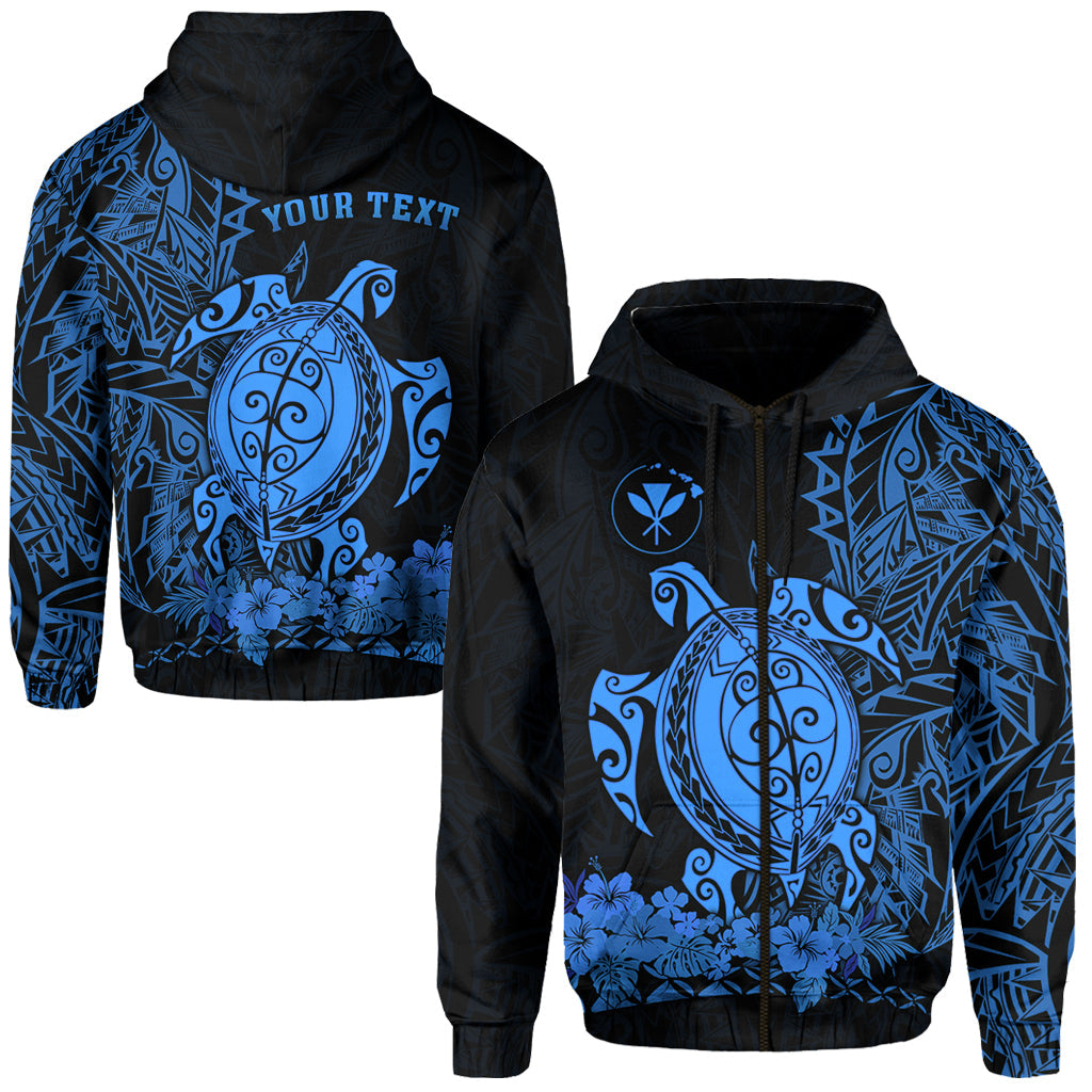 Custom Text Hawaii Polynesian Zip Hoodie Blue Sea Turtles Hawaiian