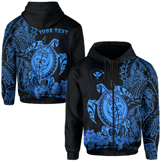 Custom Text Hawaii Polynesian Zip Hoodie Blue Sea Turtles Hawaiian