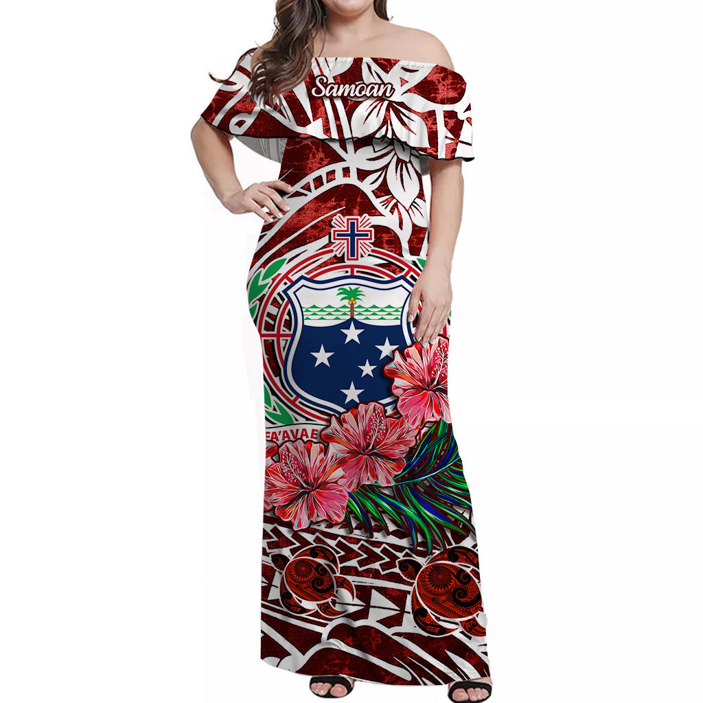 Samoa Off Shoulder Long Dress Hibiscus and Turtles Red