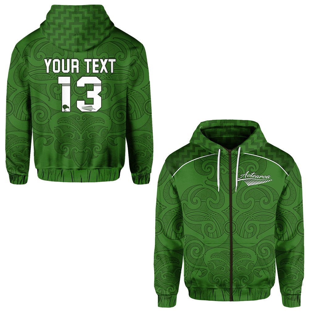 ( Personalised) Maori 2021 Zip Hoodie Green Aotearoa Tattoo Text and Number