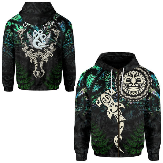 ( Personalised) Aotearoa Paua Shell Zip Hoodie Maori Manaia and Fish